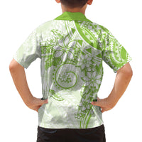 Polynesian Pattern With Plumeria Flowers Family Matching Off The Shoulder Long Sleeve Dress and Hawaiian Shirt Lime Green