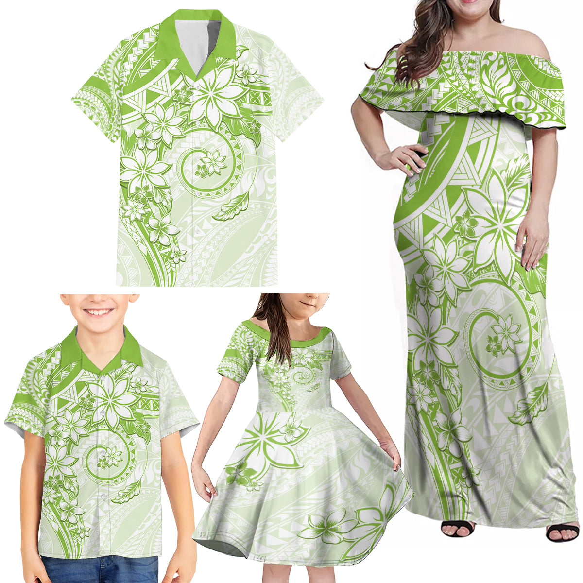 Polynesian Pattern With Plumeria Flowers Family Matching Off Shoulder Maxi Dress and Hawaiian Shirt Lime Green