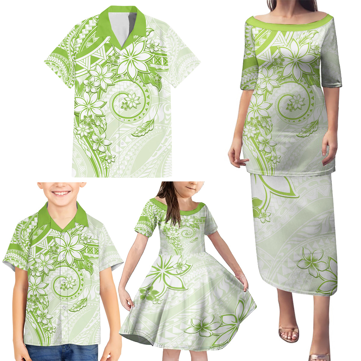 Polynesian Pattern With Plumeria Flowers Family Matching Puletasi and Hawaiian Shirt Lime Green