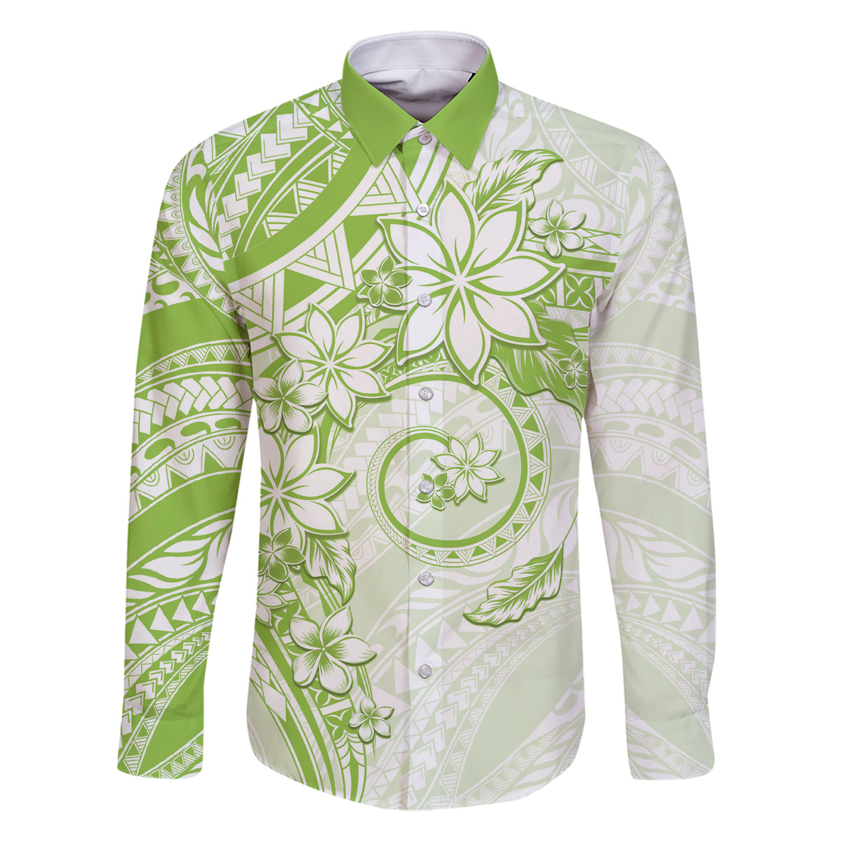 Polynesian Pattern With Plumeria Flowers Family Matching Puletasi and Hawaiian Shirt Lime Green LT05 Dad's Shirt - Long Sleeve Lime Green - Polynesian Pride