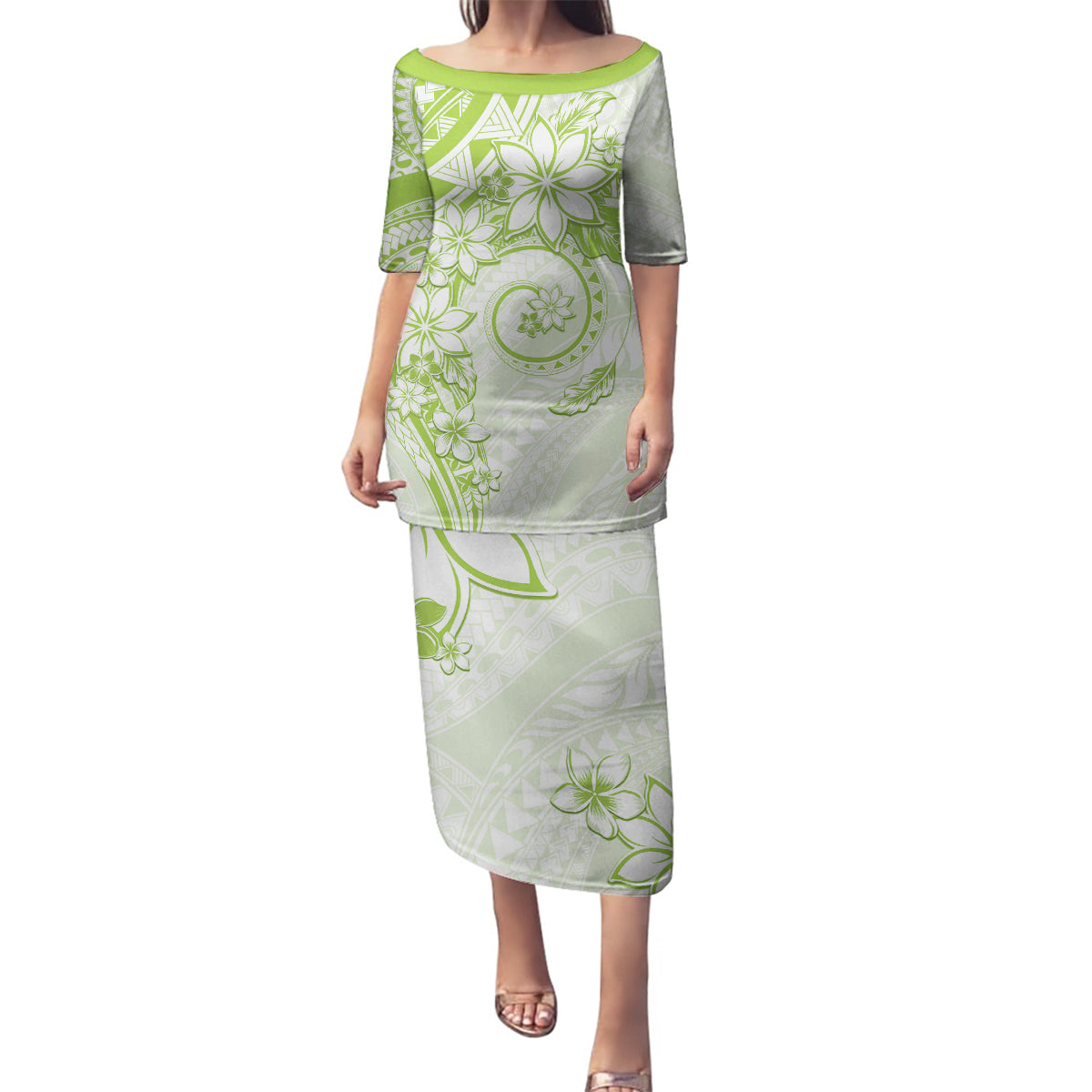 Polynesian Pattern With Plumeria Flowers Family Matching Puletasi and Hawaiian Shirt Lime Green LT05 Mom's Dress Lime Green - Polynesian Pride