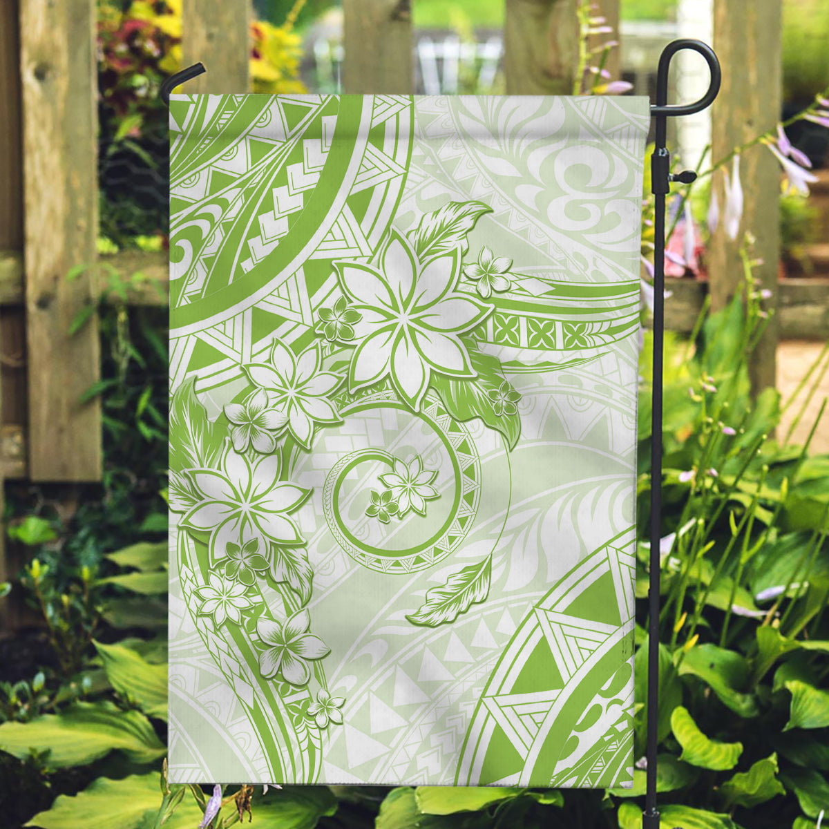 Polynesian Pattern With Plumeria Flowers Garden Flag Lime Green LT05 Garden Flag Lime Green - Polynesian Pride