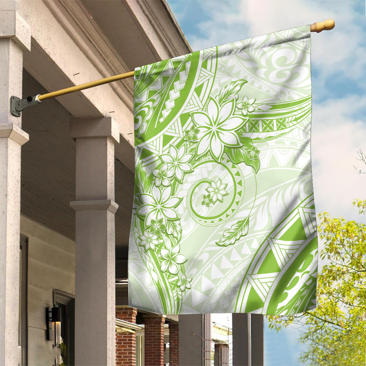 Polynesian Pattern With Plumeria Flowers Garden Flag Lime Green LT05 House Flag Lime Green - Polynesian Pride