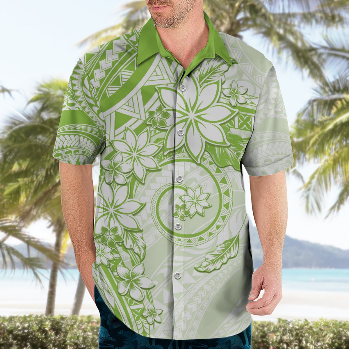 Polynesian Pattern With Plumeria Flowers Hawaiian Shirt Lime Green LT05 - Polynesian Pride