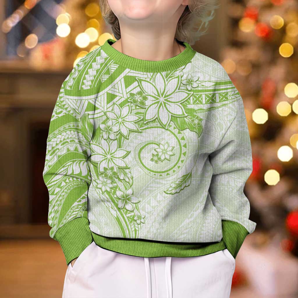 Polynesian Pattern With Plumeria Flowers Kid Ugly Christmas Sweater Lime Green