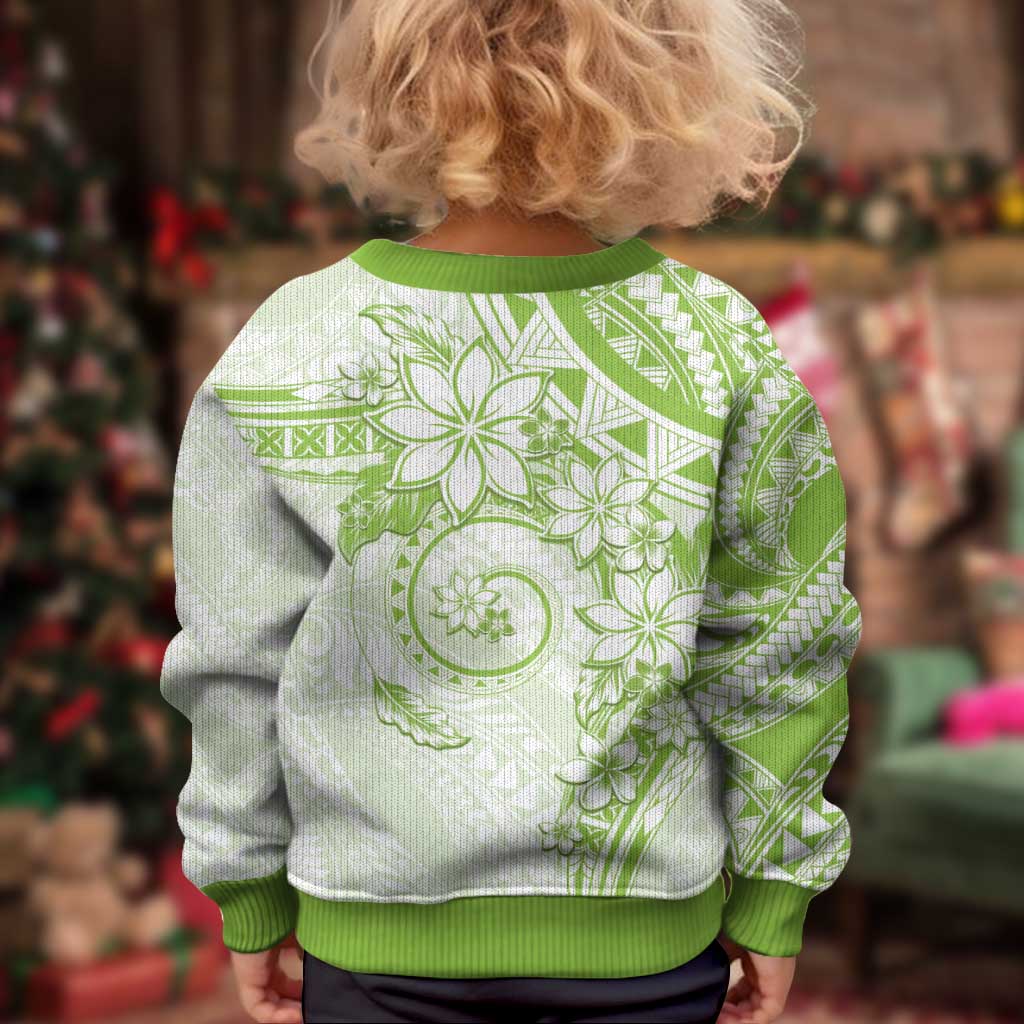 Polynesian Pattern With Plumeria Flowers Kid Ugly Christmas Sweater Lime Green