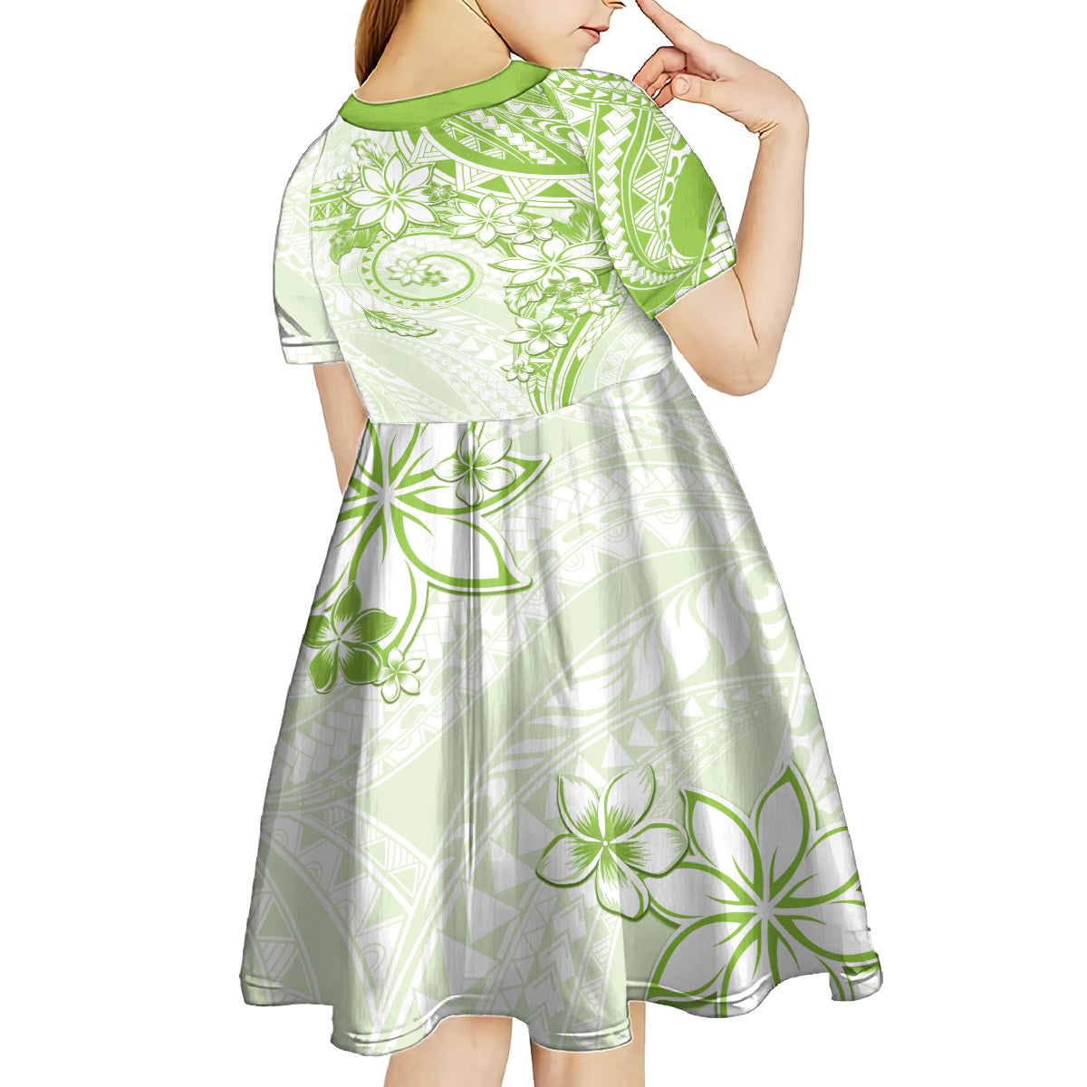 Polynesian Pattern With Plumeria Flowers Kid Short Sleeve Dress Lime Green LT05 - Polynesian Pride
