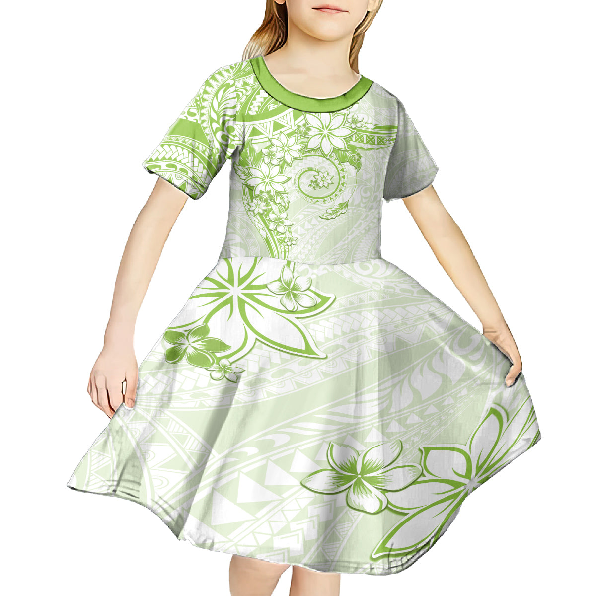 Polynesian Pattern With Plumeria Flowers Kid Short Sleeve Dress Lime Green LT05 - Polynesian Pride