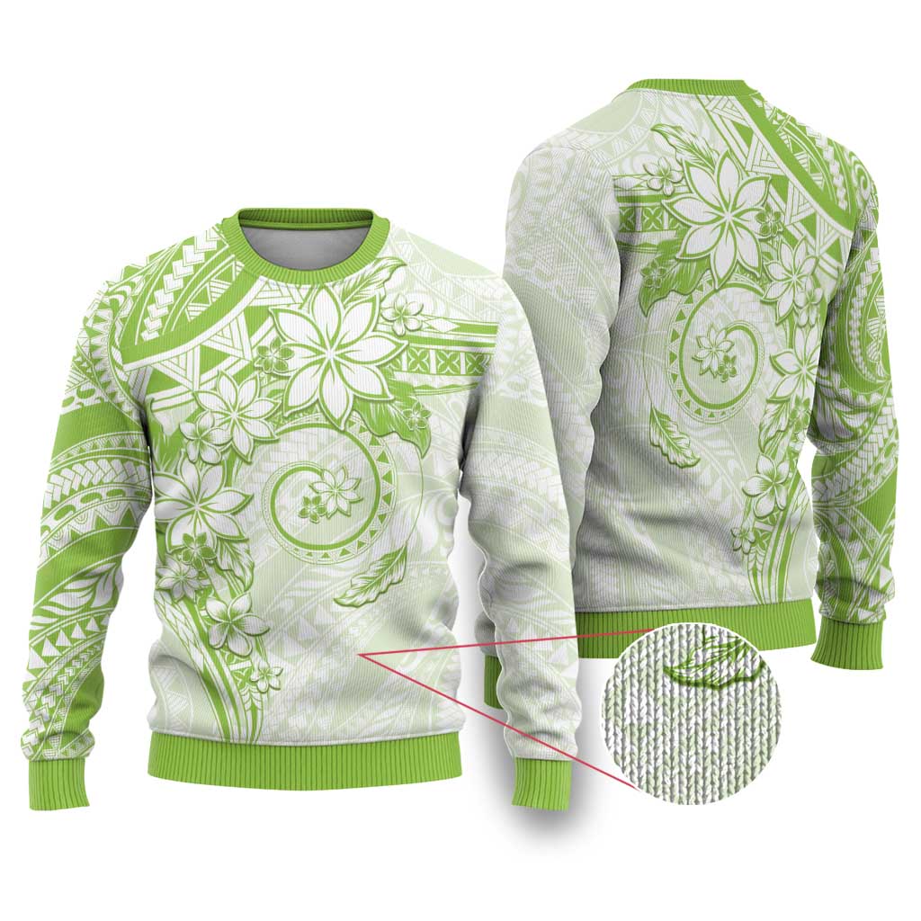 Polynesian Pattern With Plumeria Flowers Ugly Christmas Sweater Lime Green