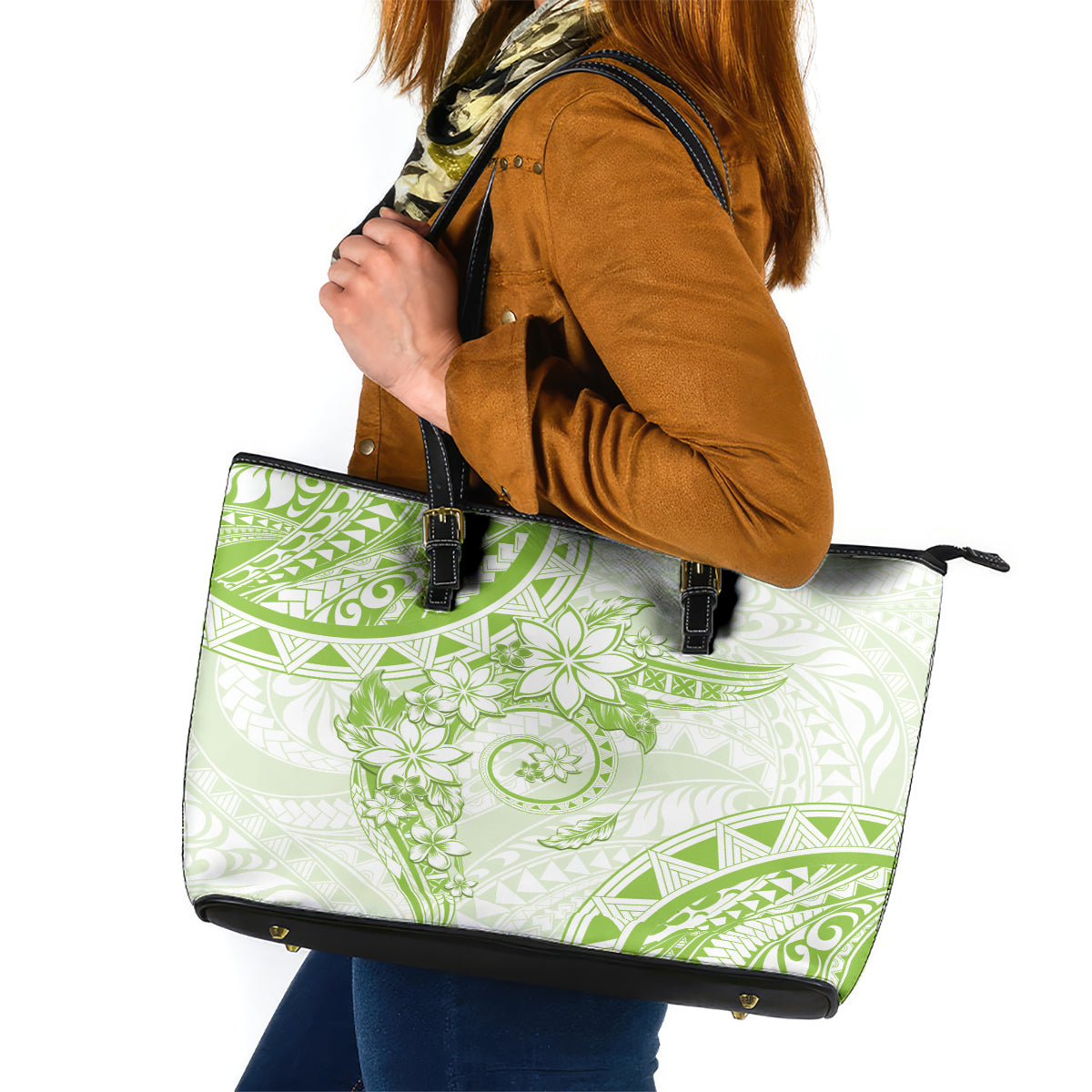 Polynesian Pattern With Plumeria Flowers Leather Tote Bag Lime Green LT05 Lime Green - Polynesian Pride