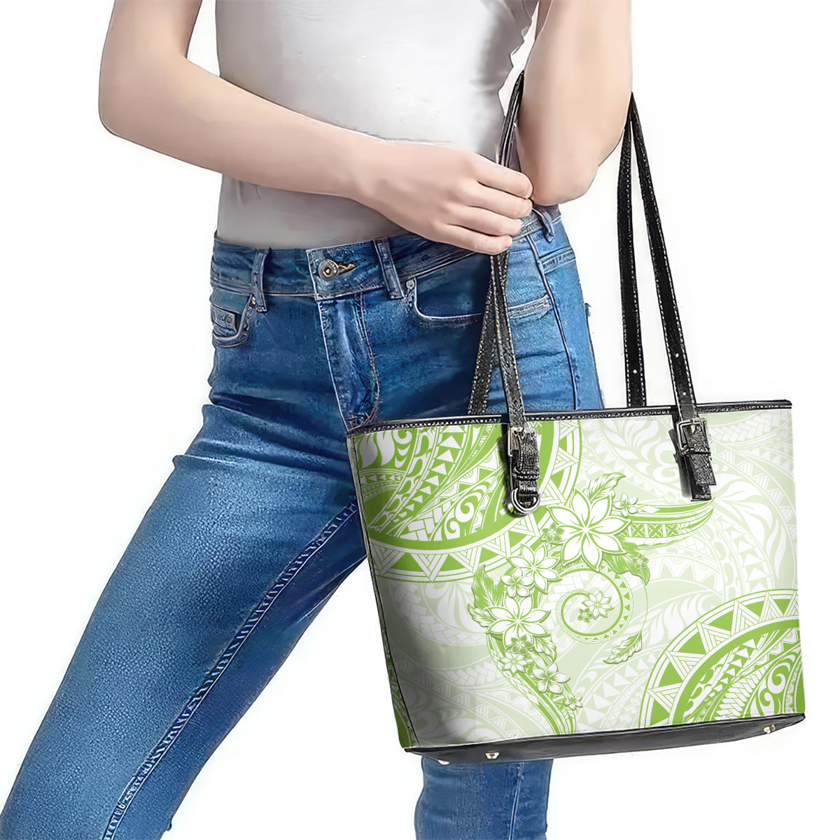 Polynesian Pattern With Plumeria Flowers Leather Tote Bag Lime Green LT05 - Polynesian Pride