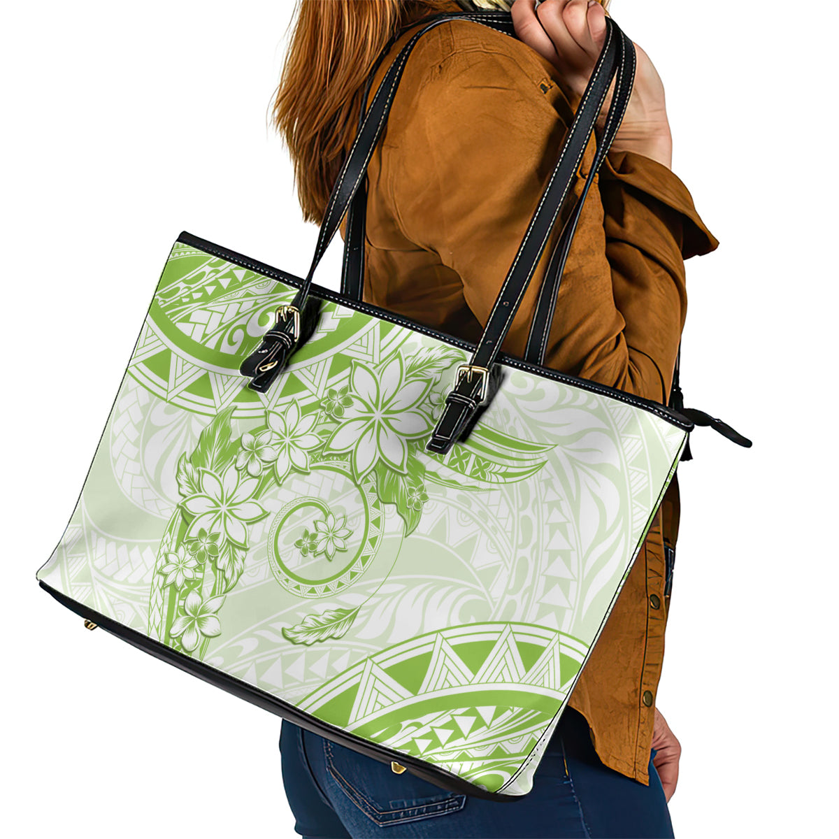 Polynesian Pattern With Plumeria Flowers Leather Tote Bag Lime Green LT05 - Polynesian Pride