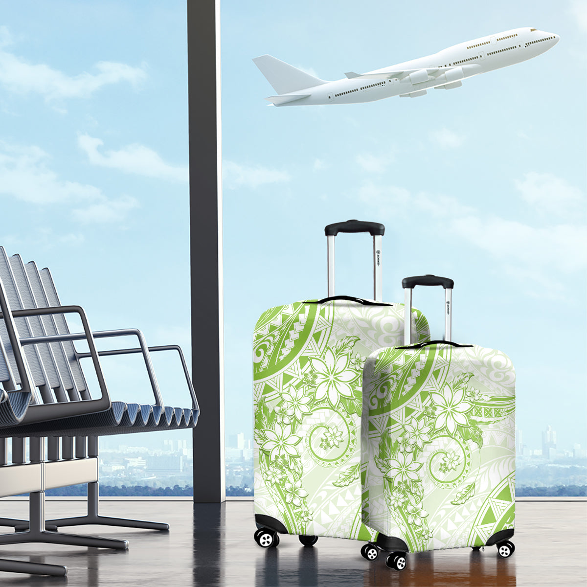 Polynesian Pattern With Plumeria Flowers Luggage Cover Lime Green