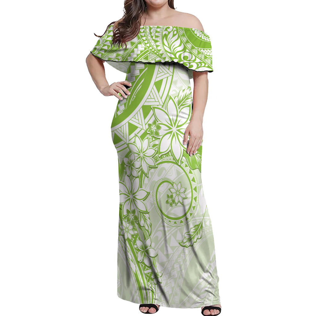 Polynesian Pattern With Plumeria Flowers Off Shoulder Maxi Dress Lime Green LT05 Women Lime Green - Polynesian Pride