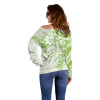 Polynesian Pattern With Plumeria Flowers Off Shoulder Sweater Lime Green