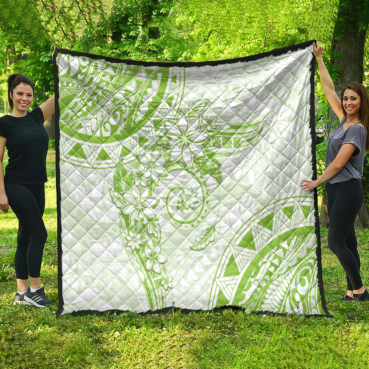 Polynesian Pattern With Plumeria Flowers Quilt Lime Green