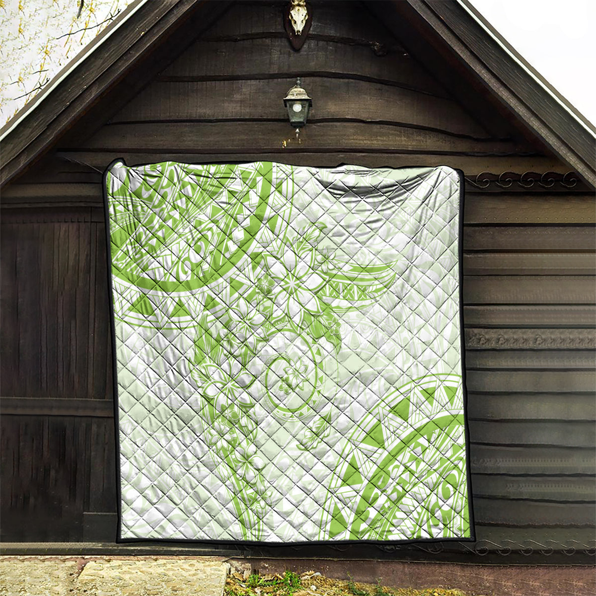 Polynesian Pattern With Plumeria Flowers Quilt Lime Green