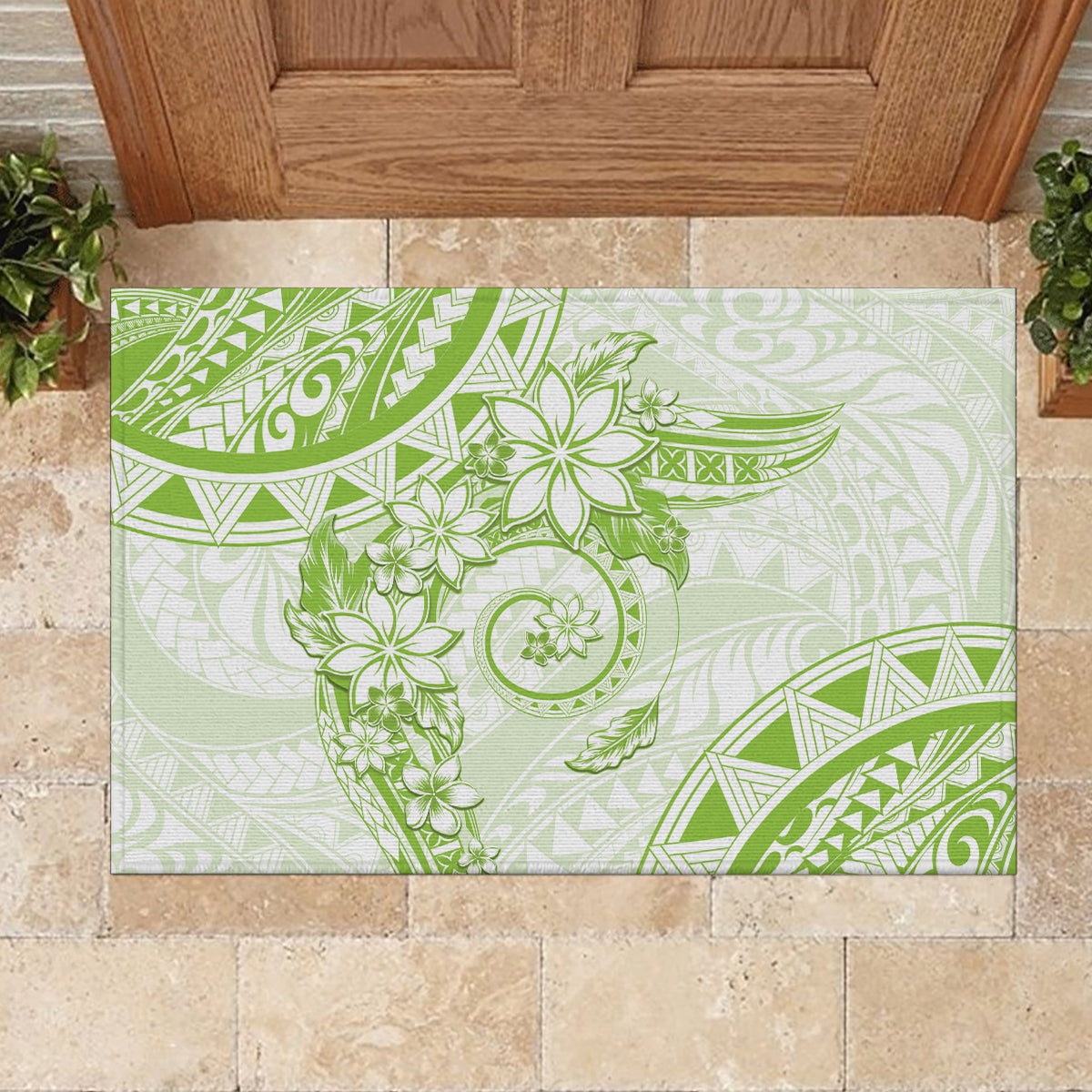Polynesian Pattern With Plumeria Flowers Rubber Doormat Lime Green LT05 - Polynesian Pride