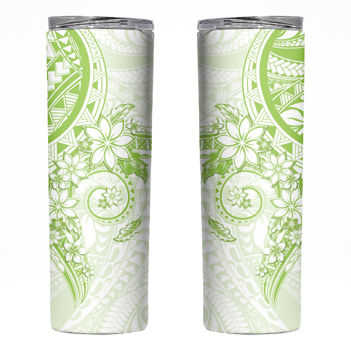 Lime Green Polynesian Pattern With Plumeria Flowers Skinny Tumbler