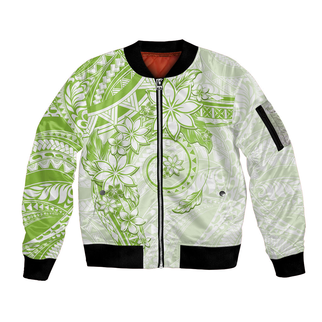 Polynesian Pattern With Plumeria Flowers Sleeve Zip Bomber Jacket Lime Green LT05 Unisex Lime Green - Polynesian Pride