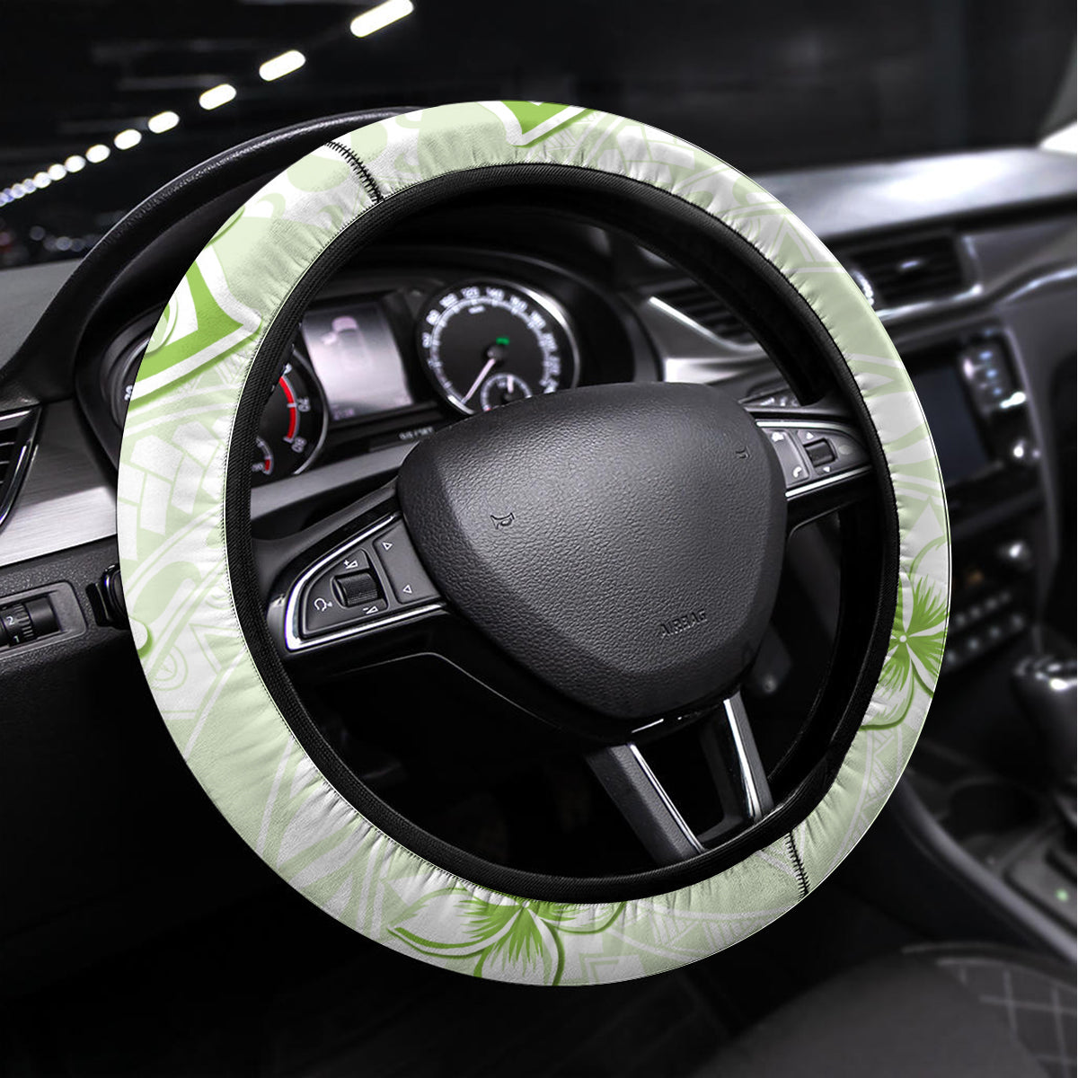 Polynesian Pattern With Plumeria Flowers Steering Wheel Cover Lime Green LT05 Universal Fit Lime Green - Polynesian Pride