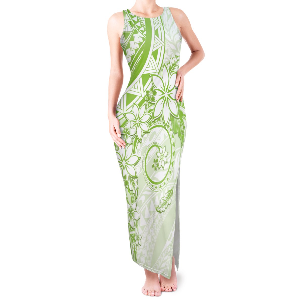 Polynesian Pattern With Plumeria Flowers Tank Maxi Dress Lime Green LT05 Women Lime Green - Polynesian Pride