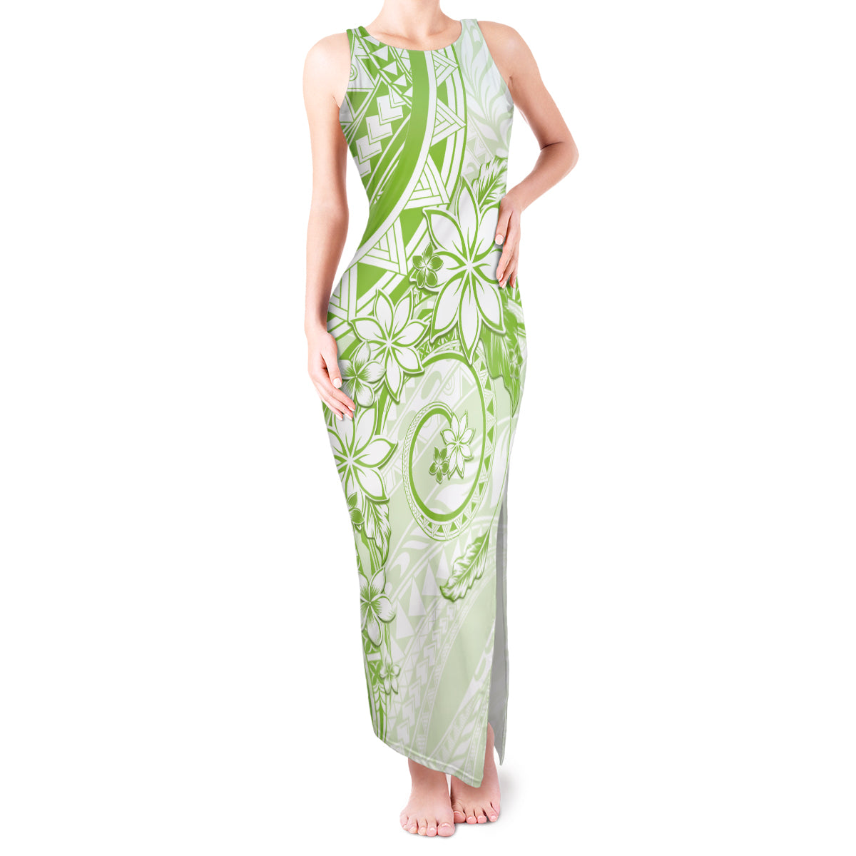 Polynesian Pattern With Plumeria Flowers Tank Maxi Dress Lime Green