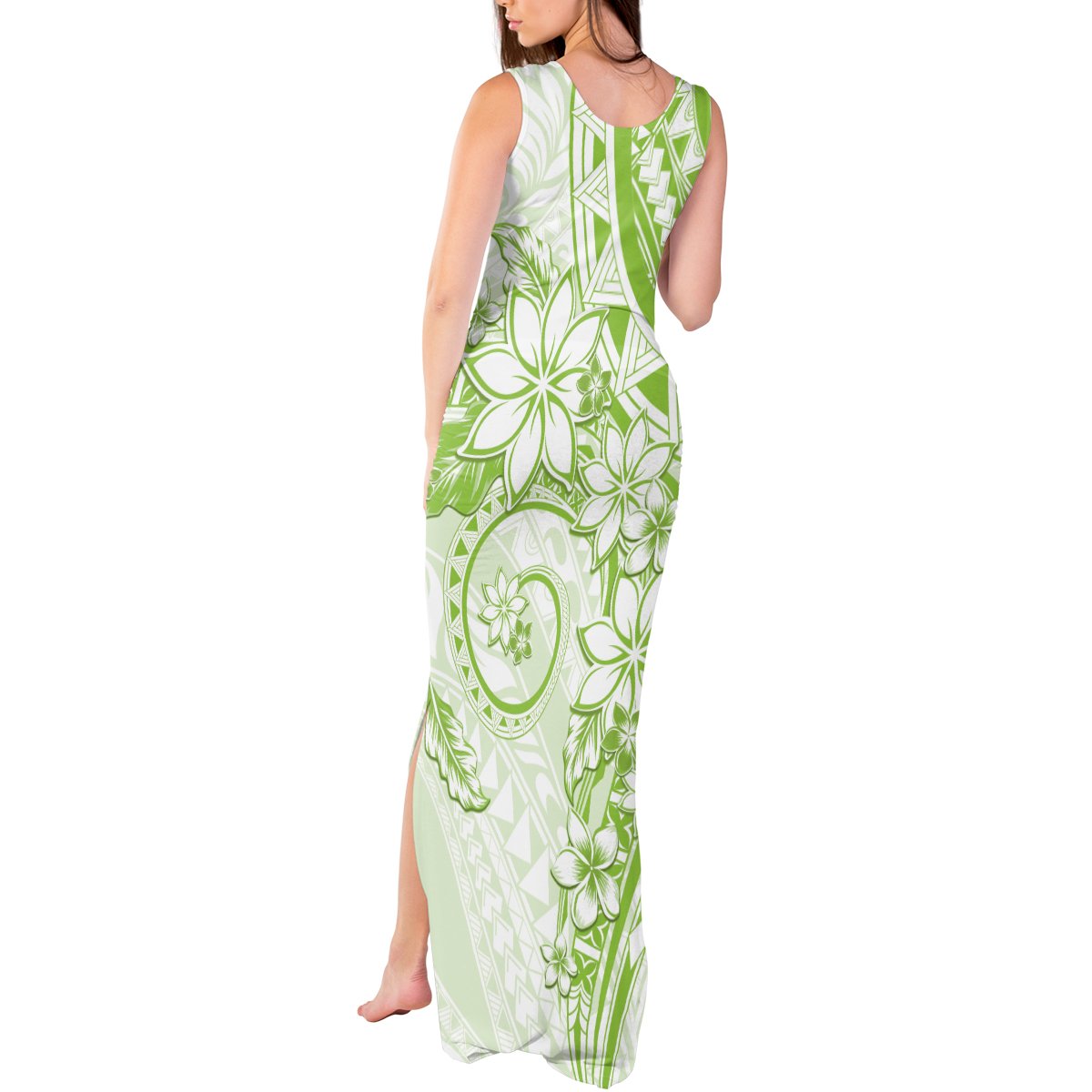 Polynesian Pattern With Plumeria Flowers Tank Maxi Dress Lime Green LT05 - Polynesian Pride
