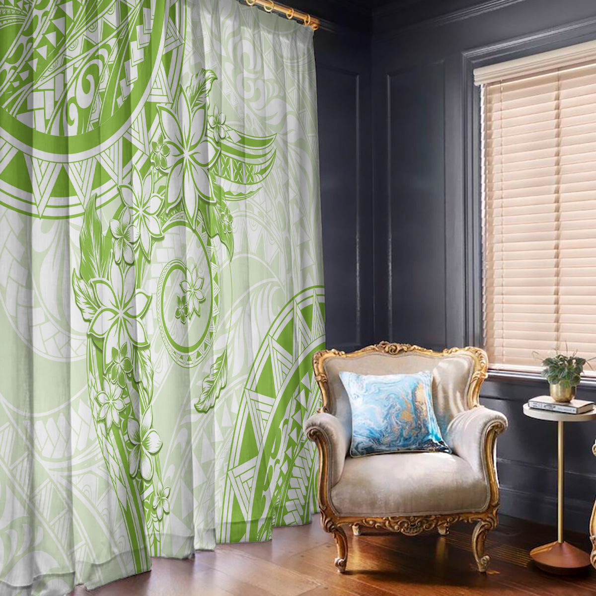 Polynesian Pattern With Plumeria Flowers Window Curtain Lime Green LT05 - Polynesian Pride