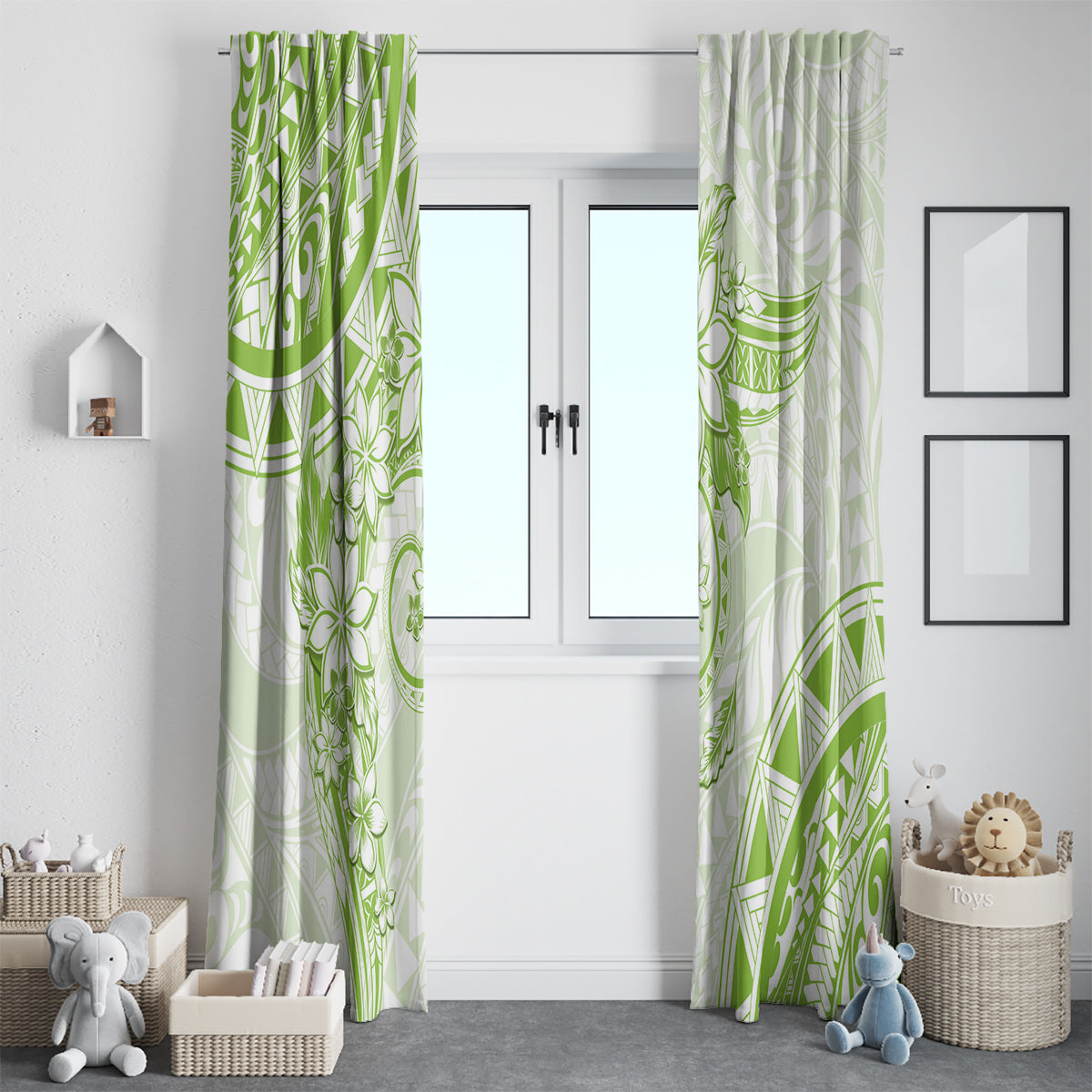 Polynesian Pattern With Plumeria Flowers Window Curtain Lime Green LT05 - Polynesian Pride
