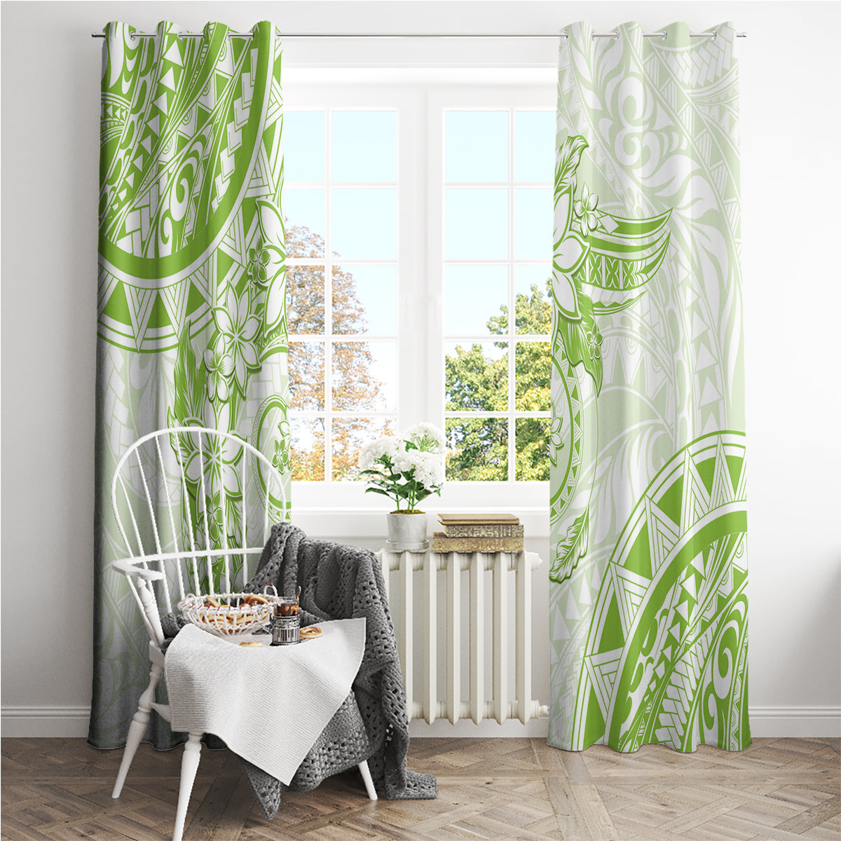 Polynesian Pattern With Plumeria Flowers Window Curtain Lime Green LT05 - Polynesian Pride