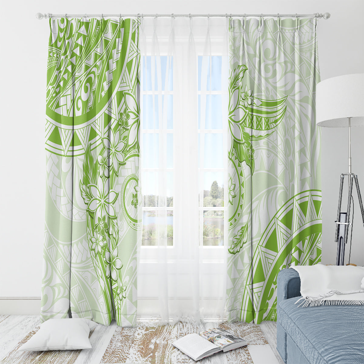 Polynesian Pattern With Plumeria Flowers Window Curtain Lime Green LT05 - Polynesian Pride