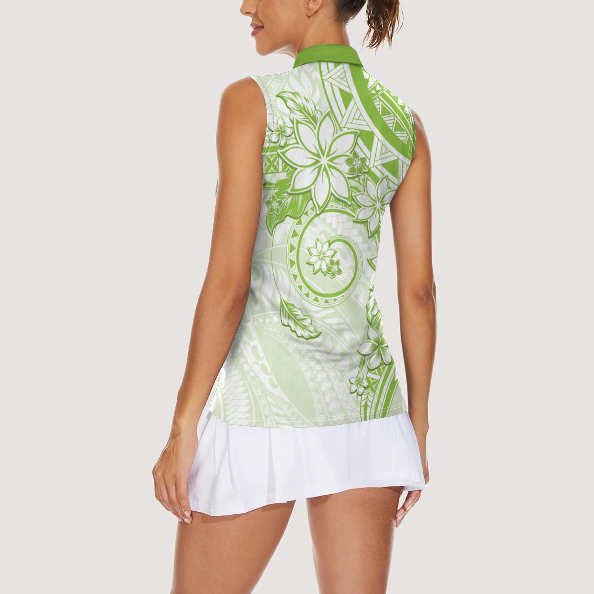 Polynesian Pattern With Plumeria Flowers Women Sleeveless Polo Shirt Lime Green