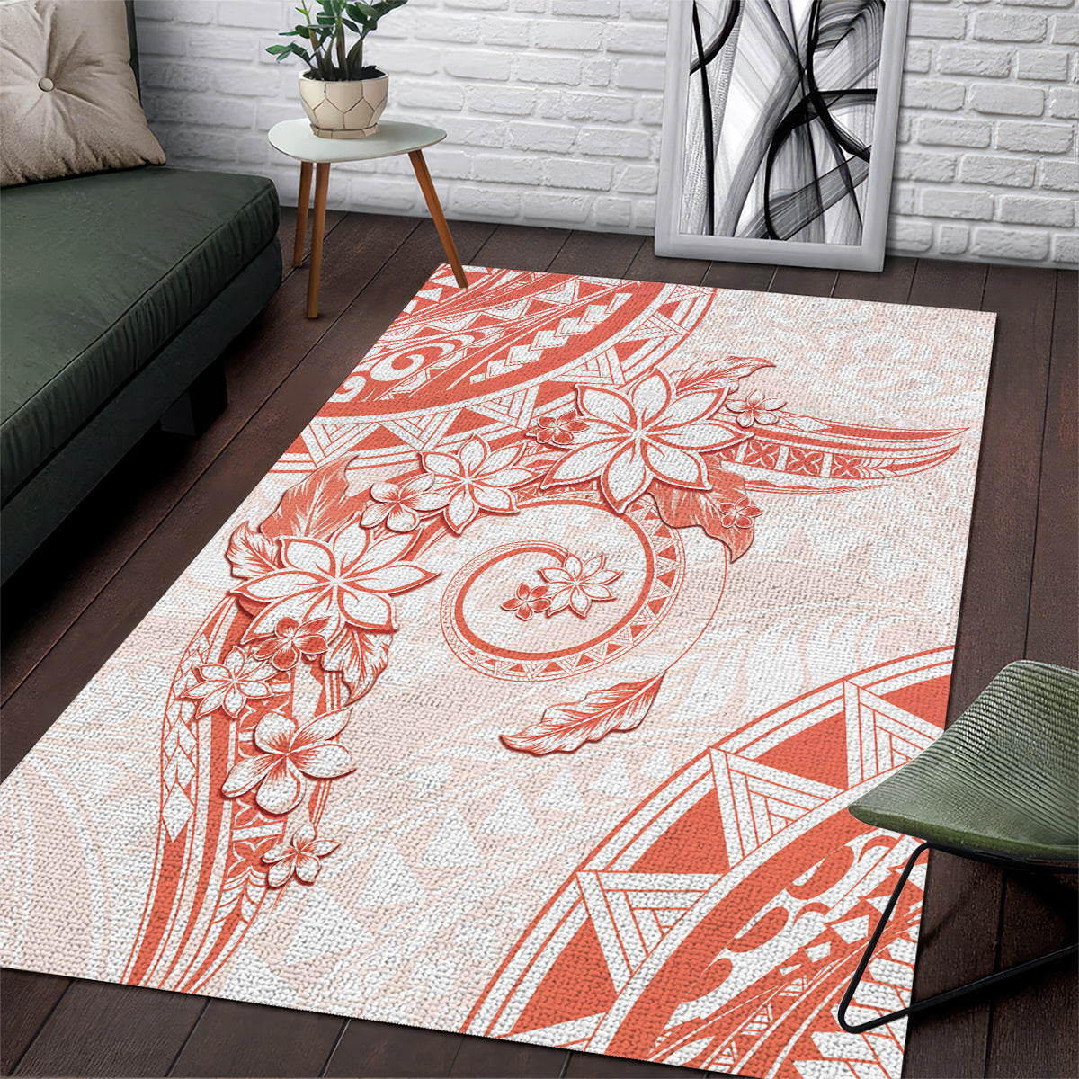 Polynesian Pattern With Plumeria Flowers Area Rug Orange Peach