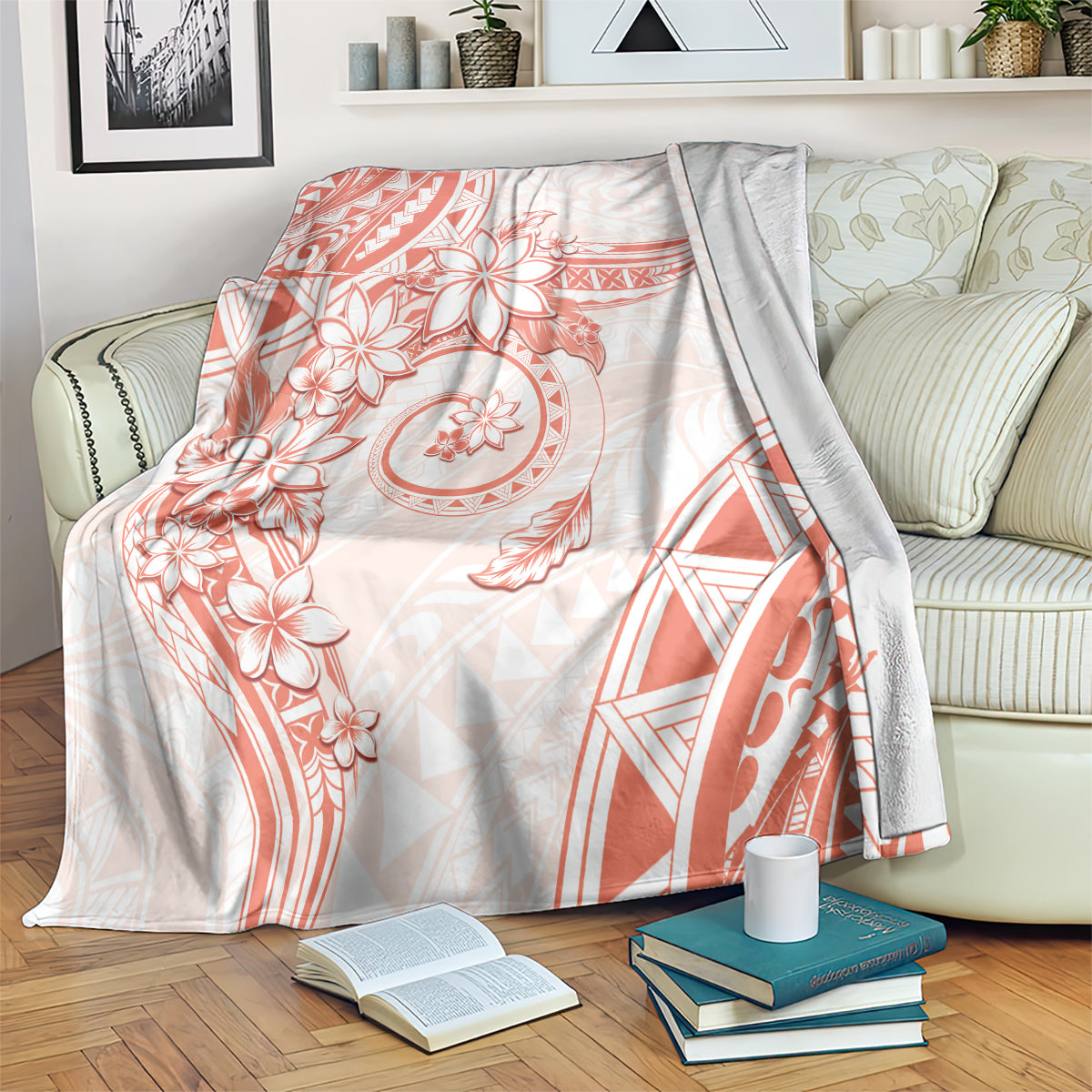 Polynesian Pattern With Plumeria Flowers Blanket Orange Peach LT05 Peach - Polynesian Pride