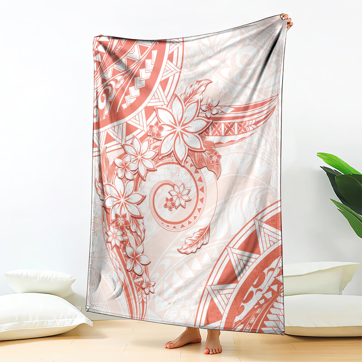 Polynesian Pattern With Plumeria Flowers Blanket Orange Peach LT05 - Polynesian Pride