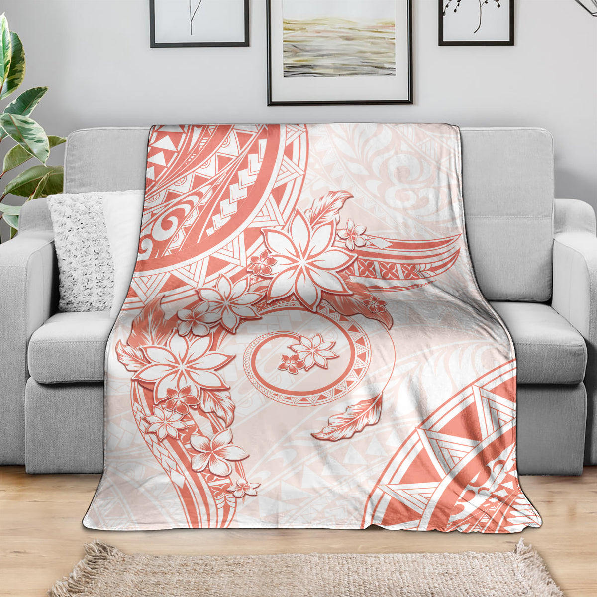 Polynesian Pattern With Plumeria Flowers Blanket Orange Peach LT05 - Polynesian Pride