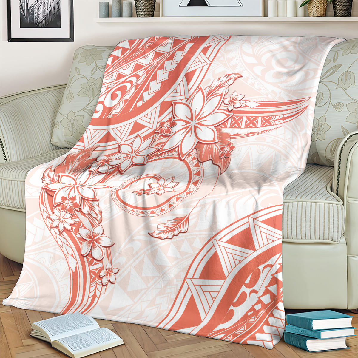 Polynesian Pattern With Plumeria Flowers Blanket Orange Peach LT05 - Polynesian Pride