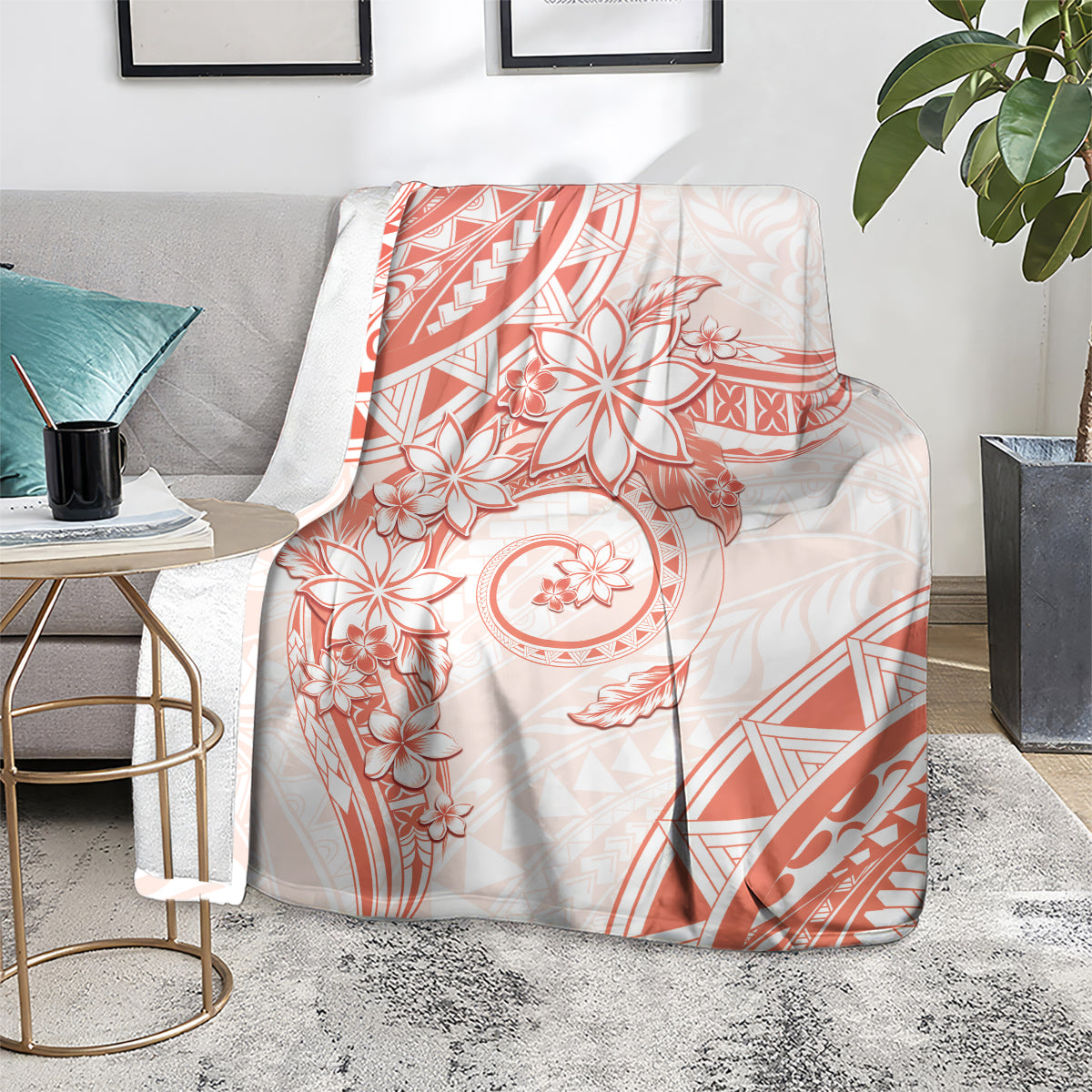 Polynesian Pattern With Plumeria Flowers Blanket Orange Peach LT05 - Polynesian Pride