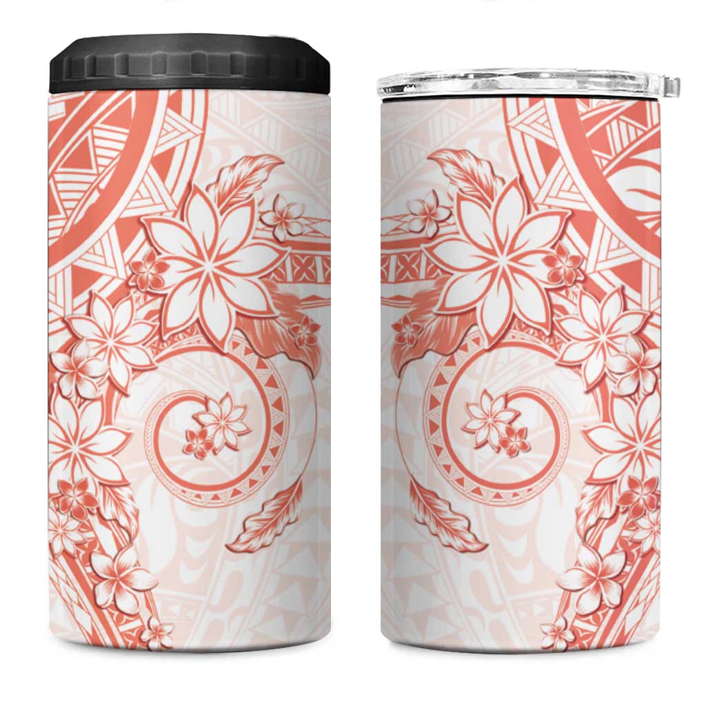 Orange Peach Polynesian Pattern With Plumeria Flowers 4 in 1 Can Cooler Tumbler