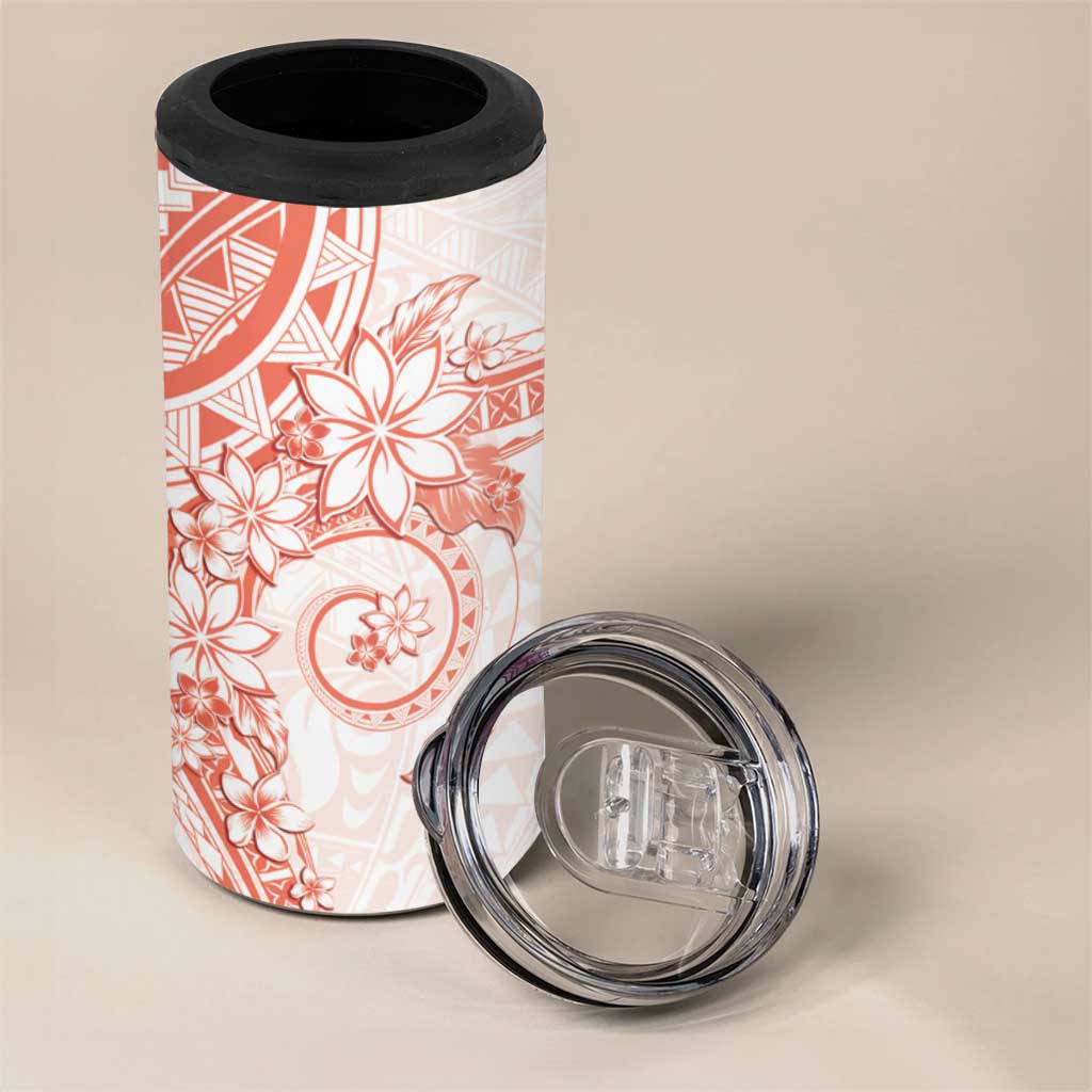 Orange Peach Polynesian Pattern With Plumeria Flowers 4 in 1 Can Cooler Tumbler