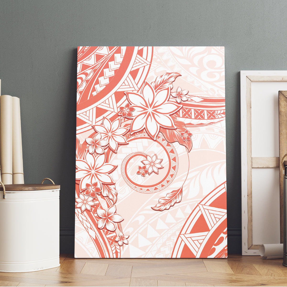 Polynesian Pattern With Plumeria Flowers Canvas Wall Art Orange Peach LT05 - Polynesian Pride