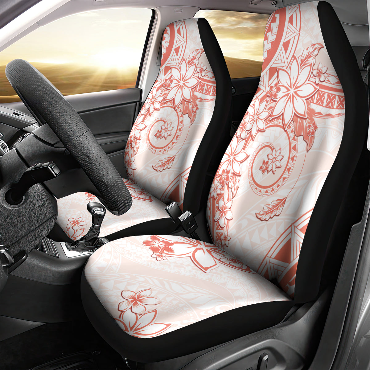 Polynesian Pattern With Plumeria Flowers Car Seat Cover Orange Peach