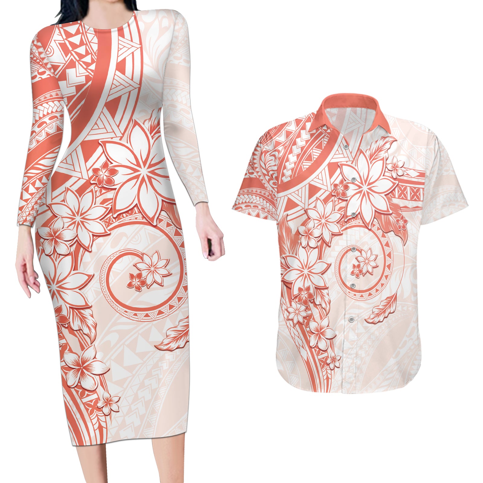 Polynesian Pattern With Plumeria Flowers Couples Matching Long Sleeve Bodycon Dress and Hawaiian Shirt Orange Peach LT05 Peach - Polynesian Pride