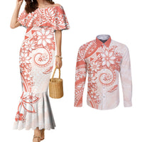 Polynesian Pattern With Plumeria Flowers Couples Matching Mermaid Dress and Long Sleeve Button Shirt Orange Peach LT05 Peach - Polynesian Pride
