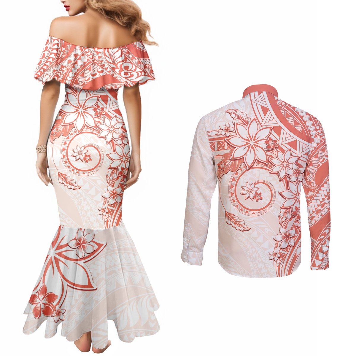 Polynesian Pattern With Plumeria Flowers Couples Matching Mermaid Dress and Long Sleeve Button Shirt Orange Peach LT05 - Polynesian Pride