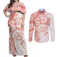 Polynesian Pattern With Plumeria Flowers Couples Matching Off Shoulder Maxi Dress and Long Sleeve Button Shirt Orange Peach LT05 Peach - Polynesian Pride