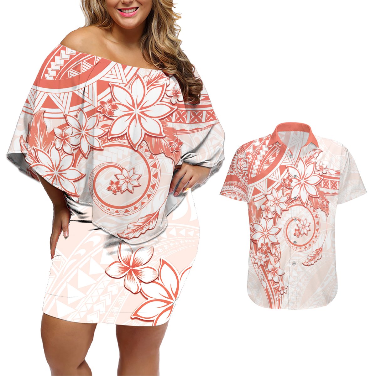 Polynesian Pattern With Plumeria Flowers Couples Matching Off Shoulder Short Dress and Hawaiian Shirt Orange Peach LT05 Peach - Polynesian Pride
