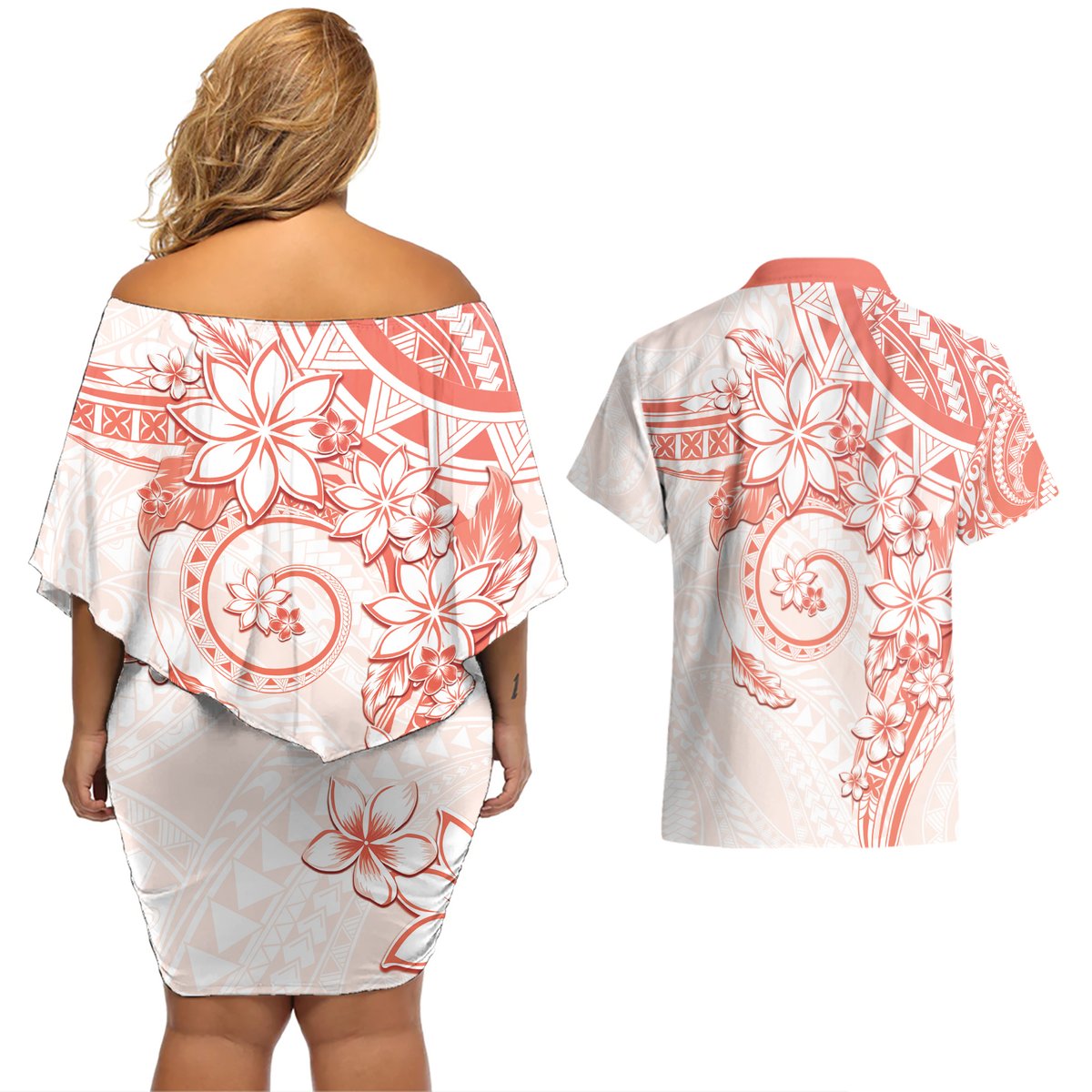 Polynesian Pattern With Plumeria Flowers Couples Matching Off Shoulder Short Dress and Hawaiian Shirt Orange Peach LT05 - Polynesian Pride
