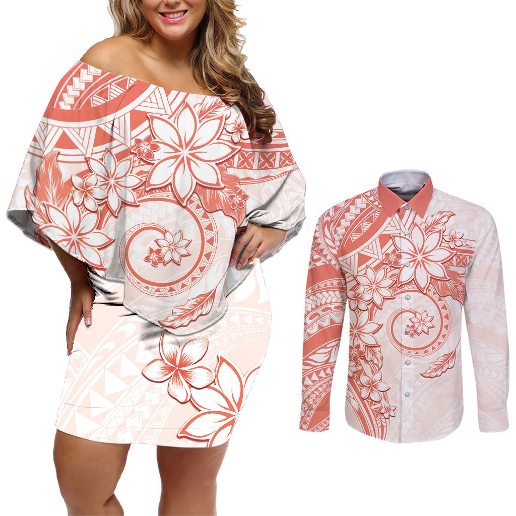 Polynesian Pattern With Plumeria Flowers Couples Matching Off Shoulder Short Dress and Long Sleeve Button Shirt Orange Peach LT05 Peach - Polynesian Pride